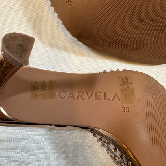 Carvela Metallic Gold & Rhinestone High Heeled Mules - Picture 9 of 10